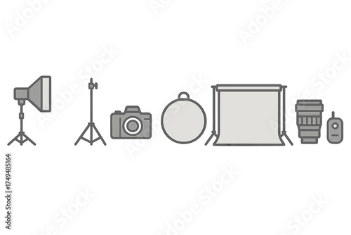 Professional photography studio equipment icons set for visual communication