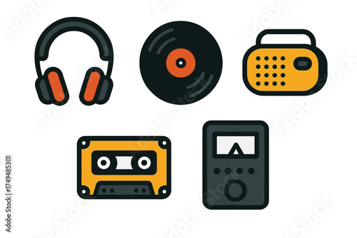 Set of retro audio equipment icons featuring headphones, vinyl record, and cassette tape