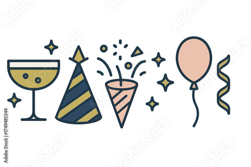 Celebration icons set with champagne, party hat, confetti popper, balloon, and streamer