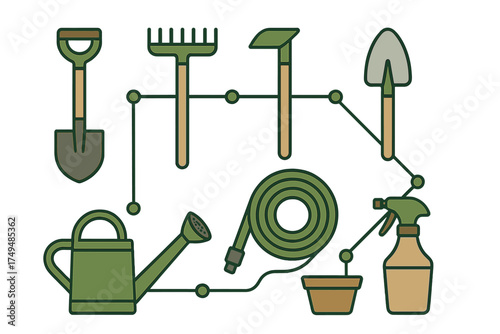 Set of essential green gardening tools and supplies connected by abstract lines