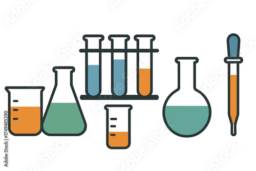 Assortment of laboratory glassware with colored liquids for science experiments