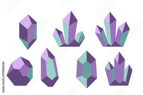 Stylized purple and teal crystal and gemstone icons collection