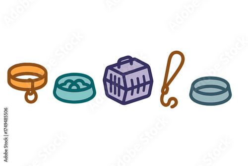 Colorful pet care supplies: collar, food bowls, carrier, and leash icons