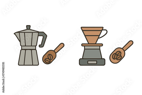 Moka pot and pour over coffee maker icons with scoops