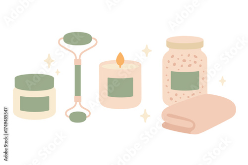 Skincare and relaxation beauty tools collection with jade roller and candle