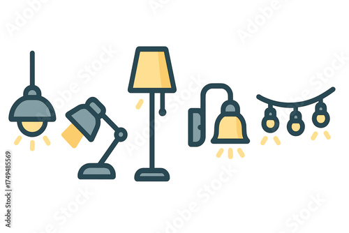 Assortment of illuminated lighting fixtures and lamps icons
