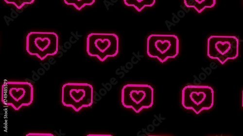 Retro digital heart sticker design for social media, pink glow top, dark background with camera movements