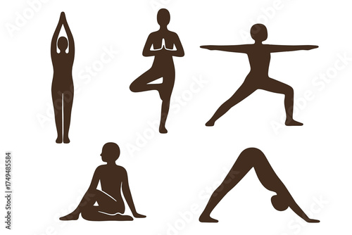 Five brown silhouette figures demonstrating various yoga postures