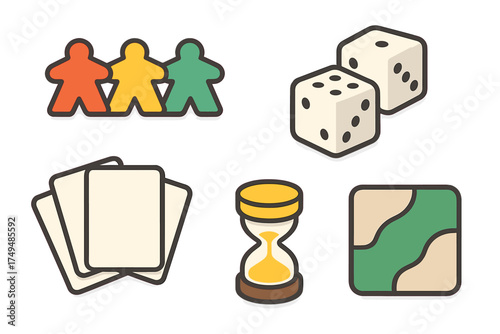 Set of board game components icons featuring meeples dice cards hourglass and terrain tile
