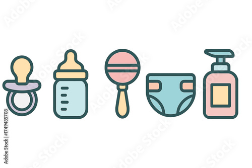 Colorful essential baby care icons featuring pacifier bottle rattle diaper and lotion