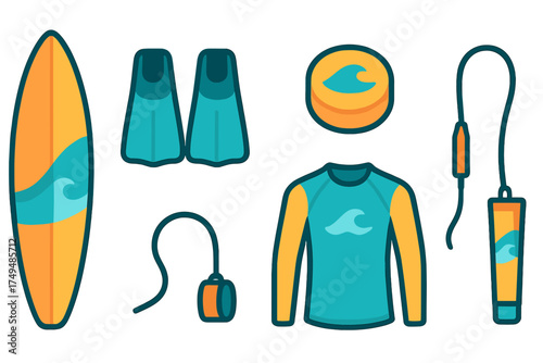 Colorful icons representing essential surfing and water sports equipment