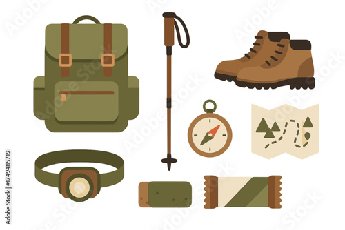 Essential hiking and camping equipment collection with backpack boots compass and map