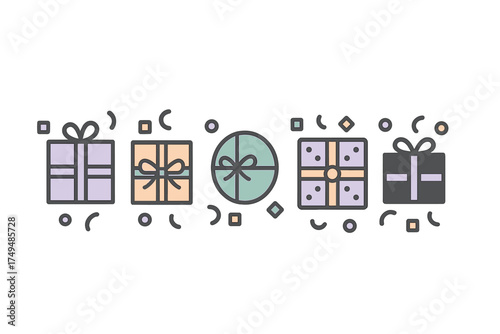 Assortment of colorful wrapped gift boxes and confetti icons