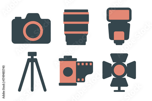 Stylized flat icons of essential photography equipment including camera, lens, and film