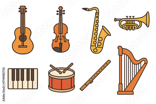 Colorful icons representing various musical instruments for education and entertainment