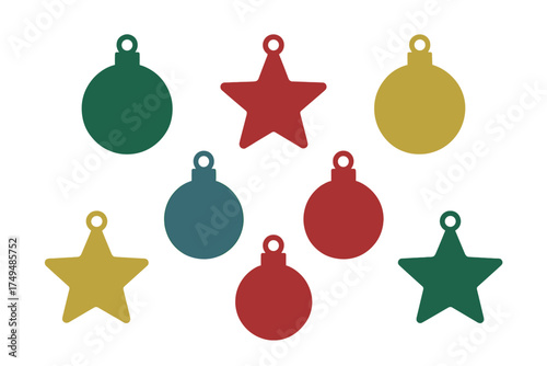 Assortment of colorful Christmas ornament and star hanging tag silhouettes