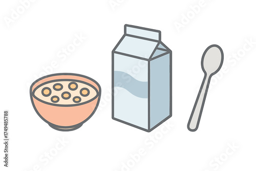 Cereal bowl milk carton and spoon simple icon set for breakfast