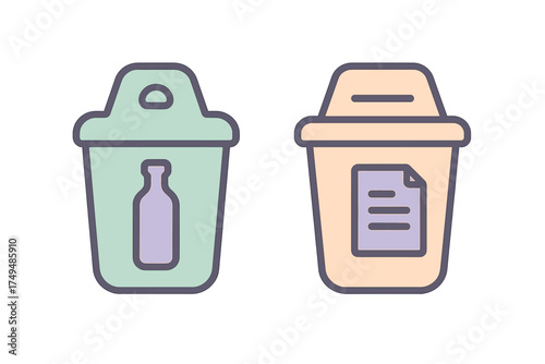 Recycling bins for glass and paper waste separation icons