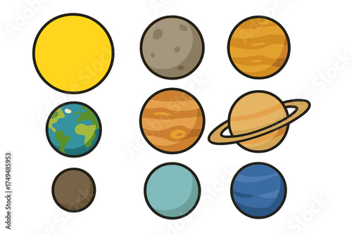 Stylized icons of celestial bodies: sun, planets, and moon