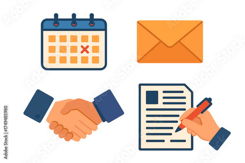 Business contract signing and scheduling icons set for agreement finalization