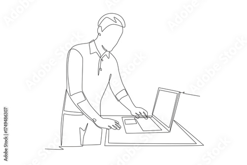 Man looking at laptop in store. Exploring laptops in store concept one-line drawing