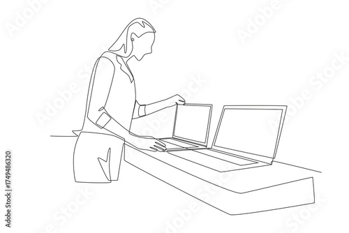 Woman looking at laptops in a shop. Exploring laptops in store concept one-line drawing