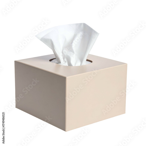 Beige rectangular box with a tissue opening, white tissues partially pulled out