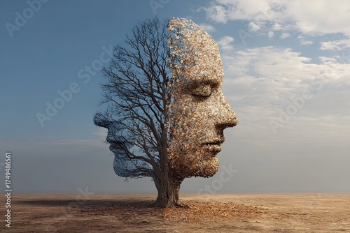 a tree in the shape of two human faces with one half empty branches and the opposite side full of leaves, as a medical metaphor for psychological contrast in feelings