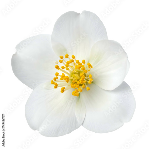 Close-up of a pristine, white flower with yellow stamen against a black background