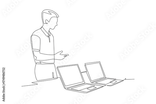 Man looking at laptop in store. Exploring laptops in store concept one-line drawing