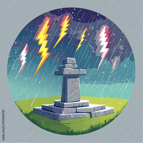 stone monument in a thunderstorm