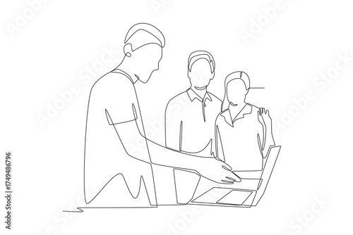 Couple looking at laptops in a store. Exploring laptops in store concept one-line drawing