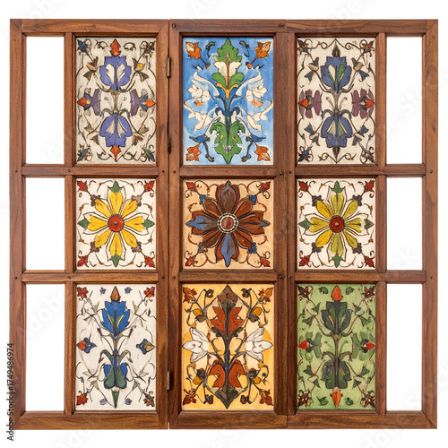 Wooden framed window, nine stained glass panels with floral and geometric designs