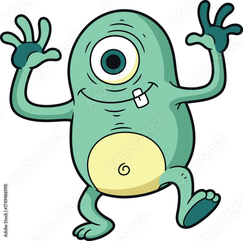 Funny One-Eyed Green Monster with Arms Raised