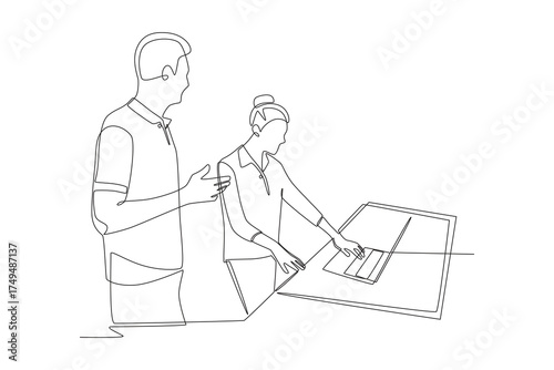 Woman looking at laptops in a shop. Exploring laptops in store concept one-line drawing