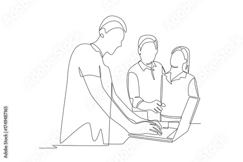 Couple looking at laptops in a store. Exploring laptops in store concept one-line drawing