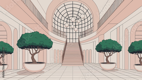 Illustration of a grand hall with trees, stairs, and a large arched window with hanging lights