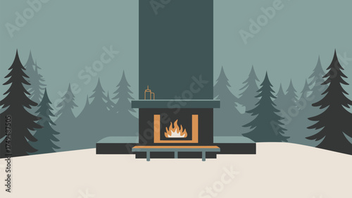 A cozy fireplace scene with a winter forest backdrop in a minimalist style illustration art work