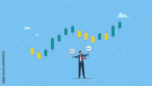 Businessman investment analyst holding buy or sell sign with candlestick chart. Buy or sell in stock market and crypto currency trading, investment decision, wealth management or financial.