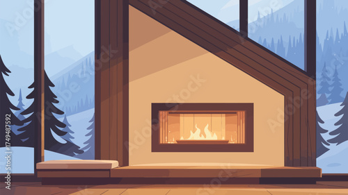 A cozy interior scene featuring a fireplace with mountains and trees visible through a large window pane