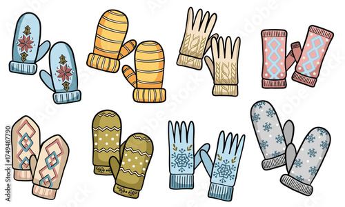 Knitted mittens collection. Hand drawn vector winter accessory elements set.
