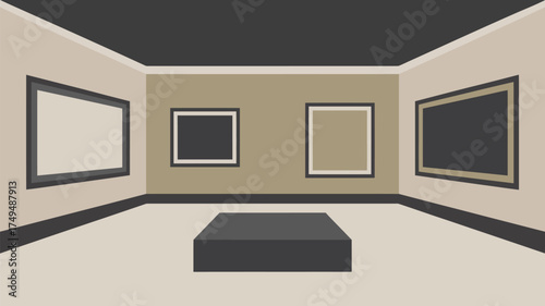 A minimalist art gallery interior with four framed artworks and a dark pedestal in the center
