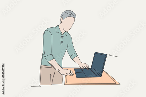 Colored man looking at laptop in store. Exploring laptops in store concept one-line drawing