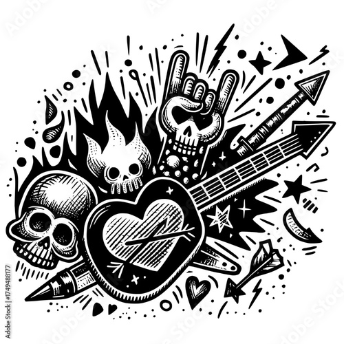 Heartstrings & Havoc: Rock Symbols in Motion, A high-contrast black-and-white illustration merging punk and rock iconography—featuring a heart pierced