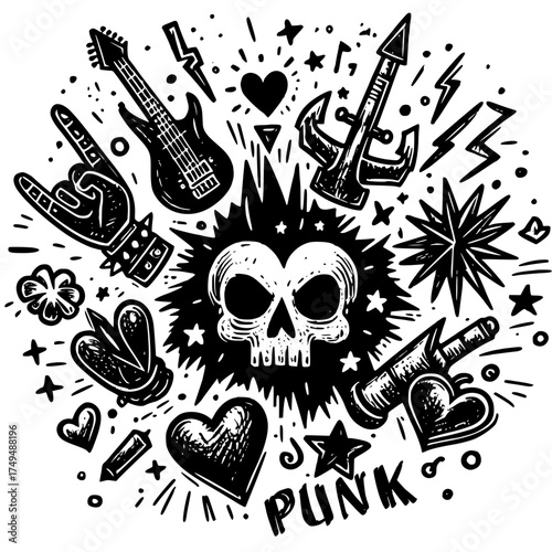 Icons of Rebellion and Raw Energy, bold black-and-white punk illustration centered around a spiked mohawk skull, surrounded by electric guitars, lightning bolts, stars, anchors, and rebellious symbols