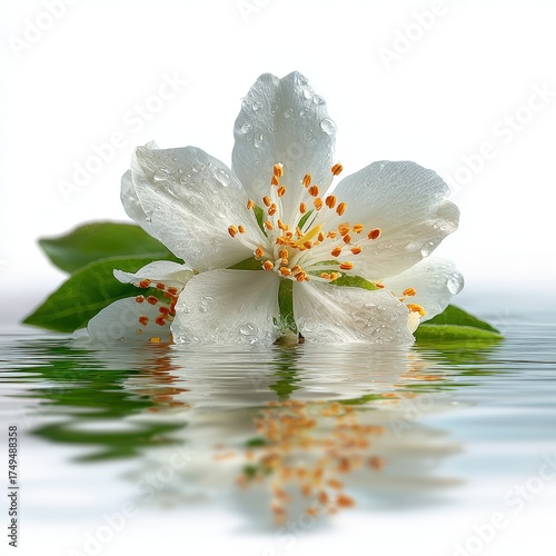 Floating jasmine in still water, centered isolated on white