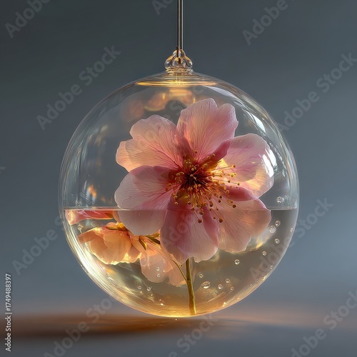 Floating glass globe with suspended flower inside, concept isolate