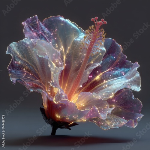 Floating surreal hibiscus with glowing core, isolate fantasy concept