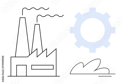 Factory with two smokestacks and gear representing production, efficiency, or industry. Includes a minimalist bush. Ideal for industrial process, manufacturing, engineering, automation, innovation