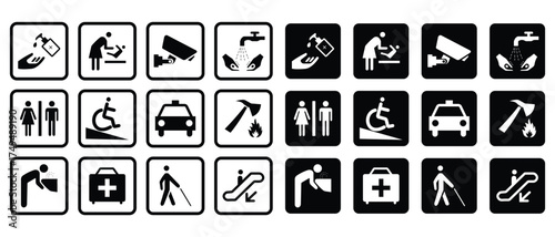 Public sign symbol, service symbol icons, woman sign concept, hand wash, cctv camera, car driving, first aid box and more collection. Vector illustration.